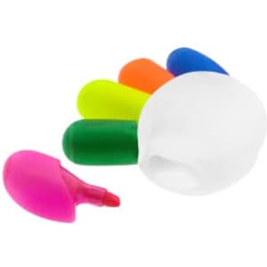 A collection of highlighters in various colours: pink, green, yellow, orange, and blue, with a transparent holder.