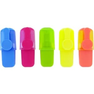 A drink bottle filled with five highlighters in blue, pink, green, yellow, and orange, with a logo on the bottle.