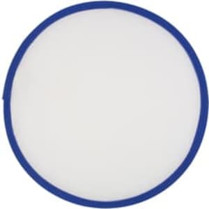A fold-up flying disc with a blue edge and a white centre, featuring a logo.