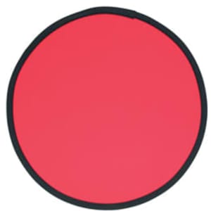 A red fold-up flying disc with a black rim, designed for easy portability.