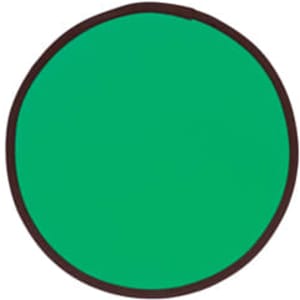 A green fold-up flying disc with a brown trim and a logo in the centre.