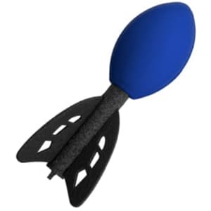 A blue and black stress shape in the design of a football rocket, featuring a foam body and fins.