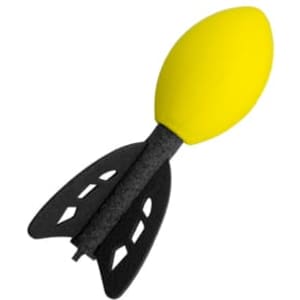 A foam rocket toy in bright yellow and black, featuring a streamlined design and wing-like fins.