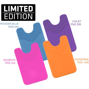 A selection of four phone wallets in Powder Blue, Violet, Magenta, and Tangerine, featuring a textured design and logos.