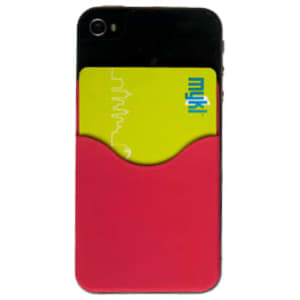 A smartphone with a red silicone wallet on the back, holding a yellow card. The wallet features a smooth, curved design.