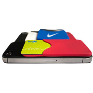 A smart wallet in red, black, and blue, holding various cards and featuring a logo.