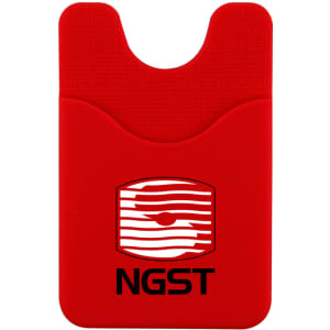 A red phone wallet with a textured surface and a logo printed on the front.