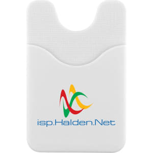 A white phone wallet with a textured surface and a logo on the front.