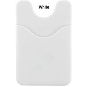 A white phone wallet with a textured finish and a cutout design at the top. It includes a logo.