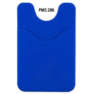 A blue phone wallet with a textured area and a rounded top, featuring a logo.