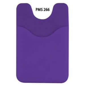 A purple phone wallet with a textured top section and a slot for cards. It features a simple design and a logo.