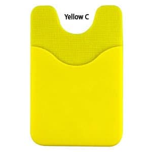 A bright yellow phone wallet with a textured surface and a cut-out design at the top, featuring a logo.