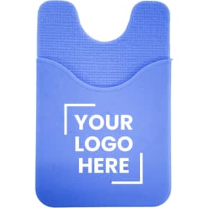 A blue phone wallet made of silicone, featuring a textured back and a placeholder for a logo.