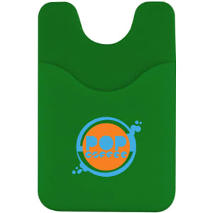 A green phone wallet with a pocket and a logo in the centre. Ideal for holding cards and cash.