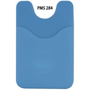 A blue phone wallet with a smooth finish and a slot for cards. It features a logo on the surface.