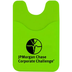 A green phone wallet with a curved top and a logo printed on the front.