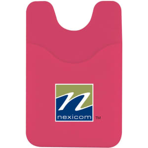A pink phone wallet with a cut-out design and a logo in the centre.