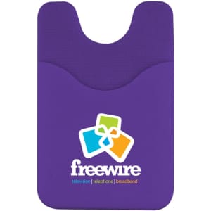 A purple phone wallet featuring a pocket design and a logo at the bottom.