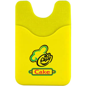 A yellow phone wallet with a textured design and a logo featuring a chef's hat and the word "Cake."