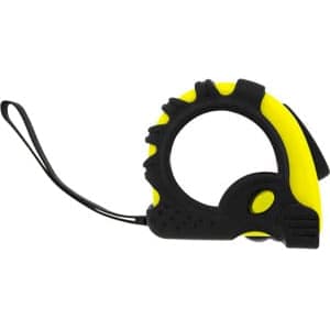 A measuring tape with a black and yellow casing, featuring a loop for easy handling and a branding logo.