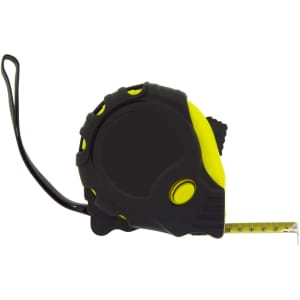 A tape measure with a black and yellow casing, featuring a retractable metal measuring tape.