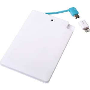 A white ultra slim power bank with a blue connecting cable and detachable charging tip.