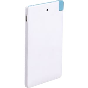 A white ultra slim power bank with a light blue accent, featuring a sleek design and a logo on its surface.