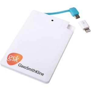 A white power bank with a blue charging cable and a logo. It has a slim rectangular design.