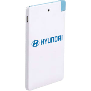 A white ultra slim power bank with a blue corner and a logo on the surface.