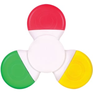 A tri-coloured highlighter with red, green, and yellow ends, featuring a central white section and a logo.