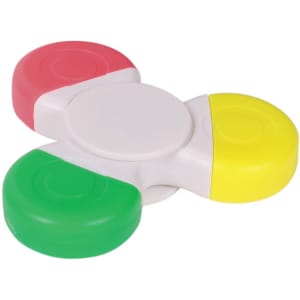 A highlighter with a fidget spinner design, featuring red, yellow, green, and white sections. It has a logo on it.