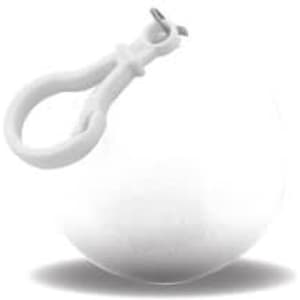 A white rain poncho ball with a clip, designed for compact storage and easy portability.