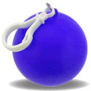 A purple rain poncho ball with a white clip for attachment, featuring a smooth surface and rounded shape.