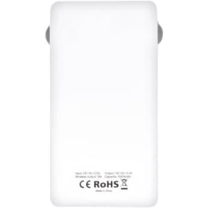 A white power bank with a capacity of 5,000 mAh, featuring a logo and smooth surface design.