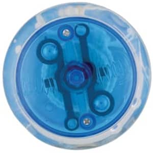 A blue LED light-up yo-yo with a translucent design and various internal components visible.
