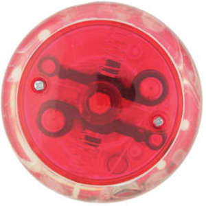 A red LED light up yo-yo with a clear outer casing and intricate inner design.