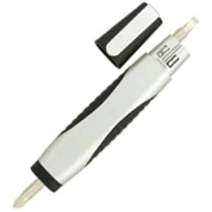 A silver and black multi-tool featuring a screwdriver and a removable cap, with a textured grip.