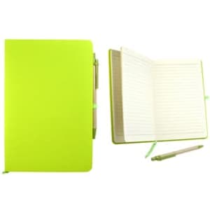 A bright green recycled notebook with a pen, featuring lined pages and a matching bookmark.