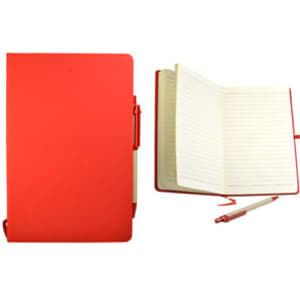 A red notebook with lined pages and a matching pen, featuring a logo on the cover.