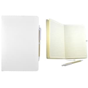 A white recycled notebook with lined pages, accompanied by a pen. The notebook has a branding logo.