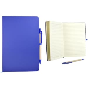 A blue recycled notebook with a matching pen, featuring lined pages and a closure band.