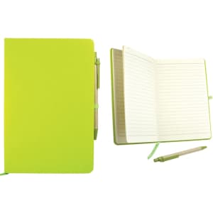 A green recycled notebook with a pen, featuring lined pages and a secure closure. Includes a logo on the cover.