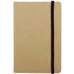 A recycled notebook in a tan colour with a black elastic band. It has a simple, sleek design and a logo on the cover.