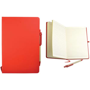 A red recycled notebook with a pen, featuring lined pages and a sleek cover. It also includes a branding logo.