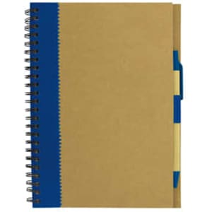 A recycled paper notebook with a brown cover and blue spine, featuring a spiral binding and a pen holder.