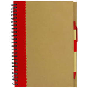 A recycled paper notebook with a brown cover and a red spiral binding, featuring a built-in pen holder.
