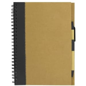 A recycled paper notebook featuring a brown cover, black spiral binding, and a pocket with a pen.