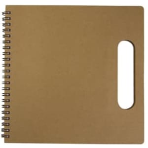 A recycled brown notebook with a spiral binding and a cut-out handle. It features a plain cover and no visible text.