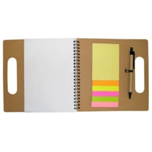 A recycled notebook with a brown cover, white pages, sticky notes in yellow, pink, and orange, and a pen.