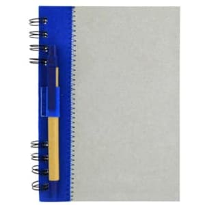 A grey recycled journal book with a blue cover and a pen attached, featuring a spiral binding.